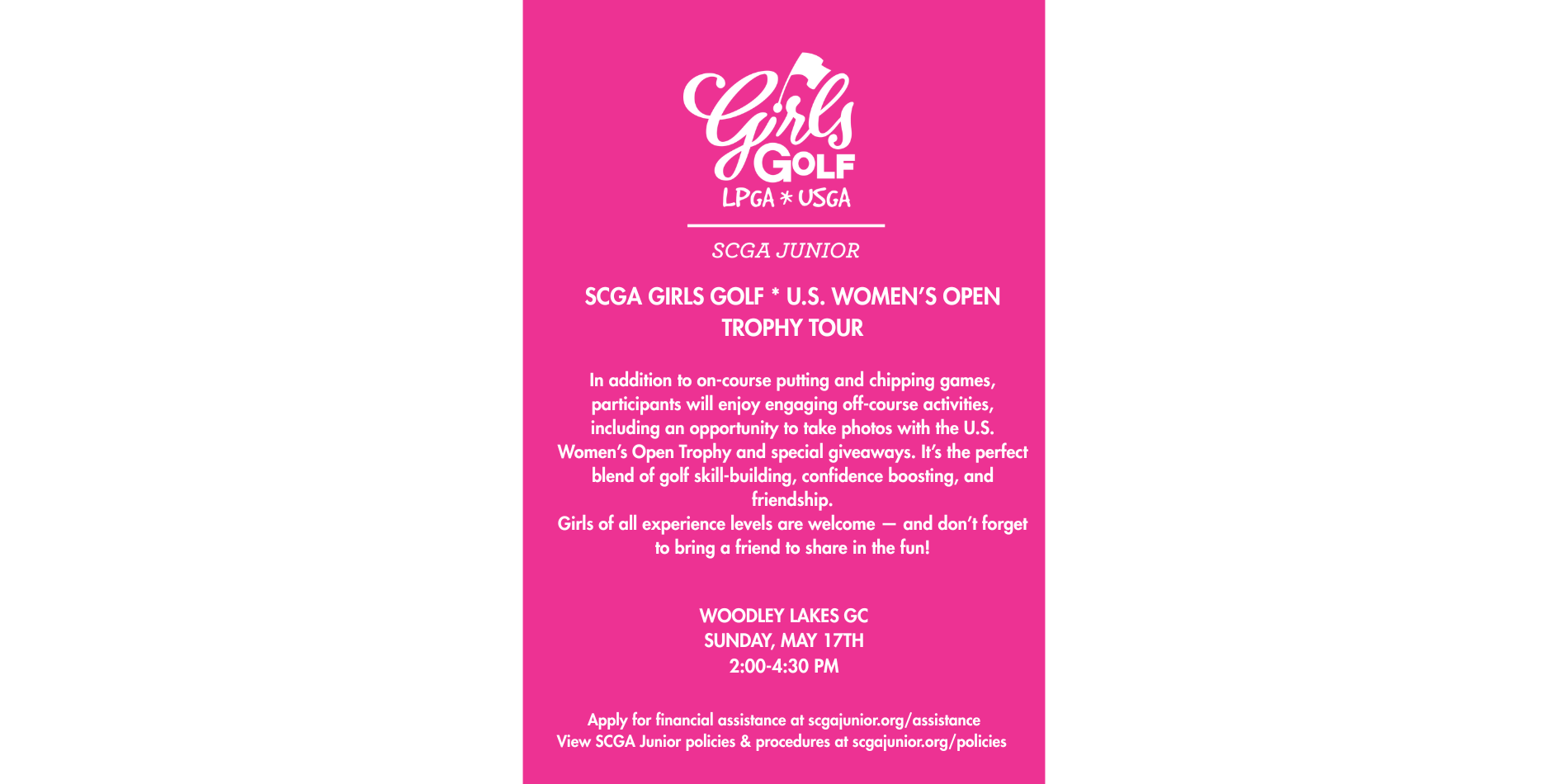 Join us for a fun and empowering Girls Golf event featuring the U.S. Womens Open Trophy Tour In addition to on-course putting and chipping games participants will enjoy engaging off-course activ 1